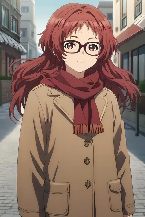 a woman with glasses and a scarf standing in a street