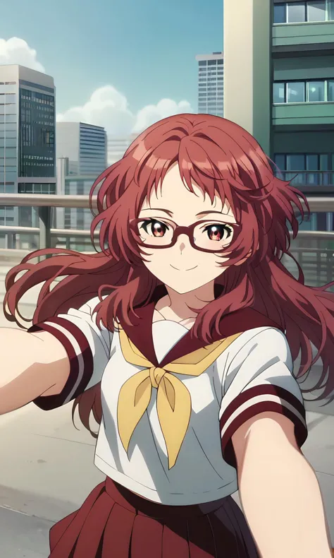 anime girl with glasses pointing at something in the air