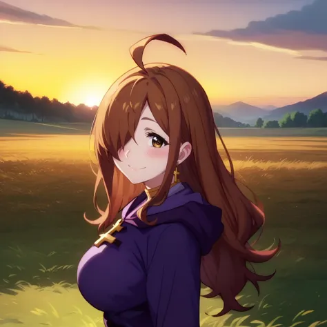 score_9, score_8_up, score_7_up, break, source_anime,1girl,  field, sunset, solo focus,  smile, blush, standing, (from side),  l...