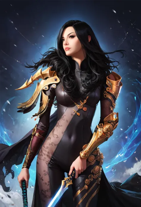 a woman in a black and gold outfit holding a sword