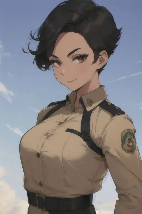 spiky bald hairstyle, short hair, mexican skin, gloves, uniform military, 1girl ,dark black hair, ((hair cut super short,)), soft Brown eyes, smile lips,