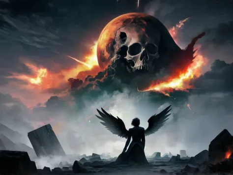 black angel of death descending from the sky and leaving trail of a comet behind. in pain, a soul being teared, hurt, resentment, black clouds, HDR, masterpiece, stunning