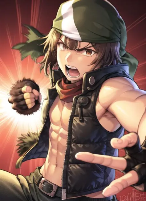 <lora:IncomingPunch2:0.7> IncomingPunch, solo, open mouth, brown hair, black hair, gloves, 1boy, male focus, fingerless gloves, vest, muscular, emphasis lines, bandana