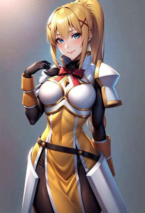 solo, 1girl, ksdarkness, smile, looking at viewer, hand on own chest, ponytail, x hair ornament, armor, shoulder armor, bodysuit, black gloves <lora:konosuba_darkness_xl-000005:1>