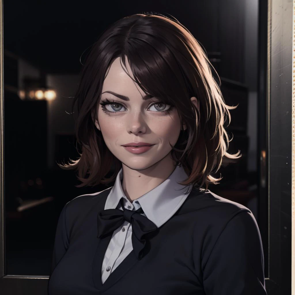 Best_QualityPos, RAW photo, intricate details, best quality, 8k uhd, soft lighting, 1girl, solo, emma stone, (black collared shirt:1.2), smile 