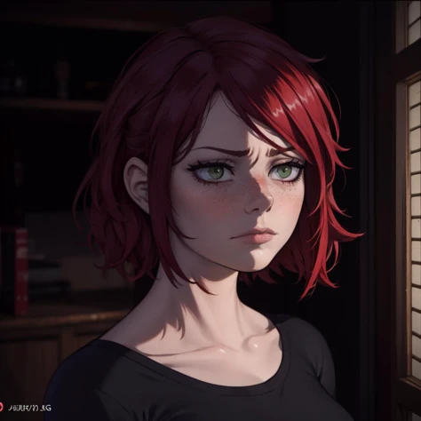 Best_QualityPos, RAW photo, intricate details, best quality, 8k uhd, soft lighting, 1girl, solo, green eyes, red hair, short hair, freckles, sad expressions 