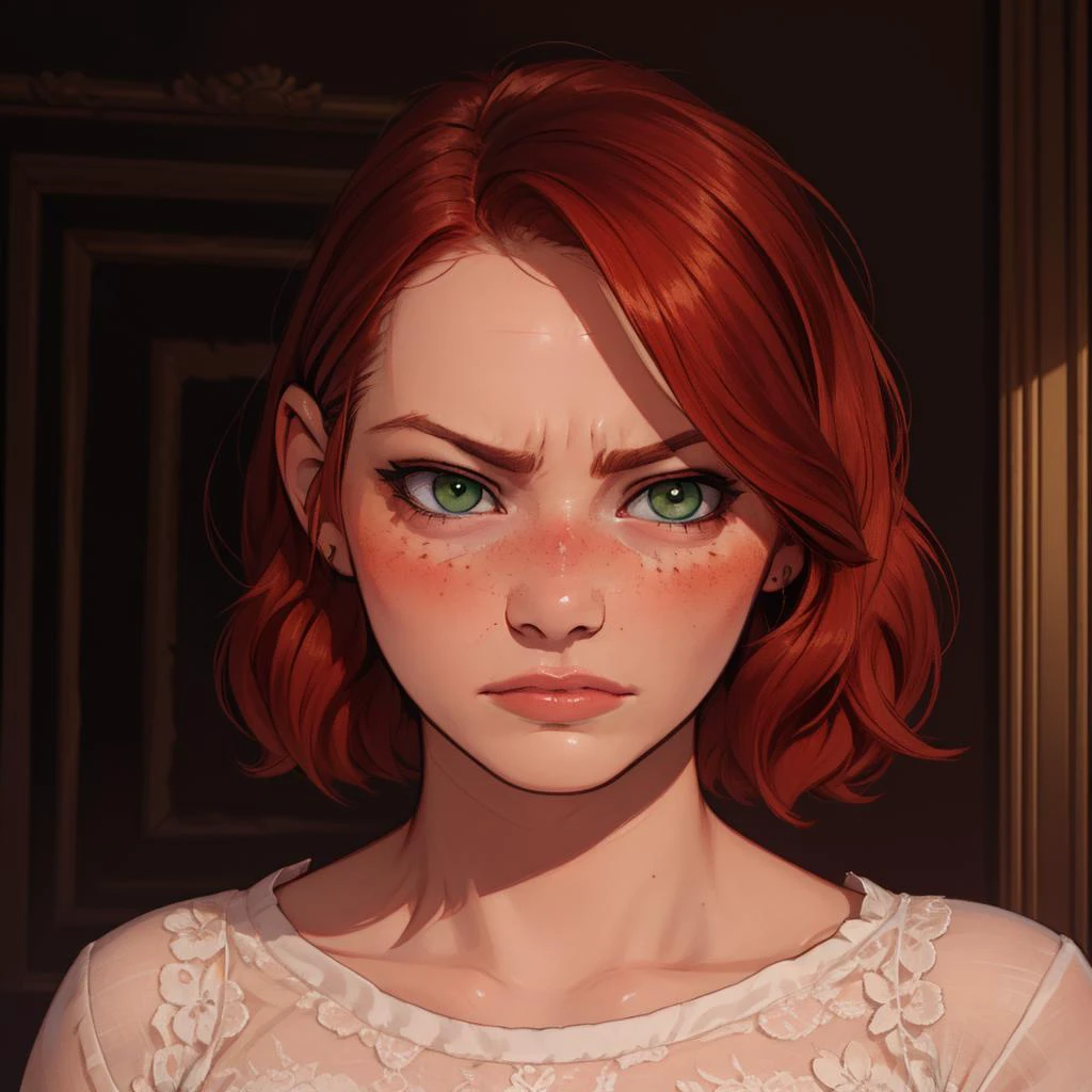 Best_QualityPos, RAW photo, intricate details, best quality, 8k uhd, soft lighting, 1girl, solo, green eyes, red hair, short hair, freckles, sad expressions 