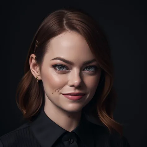 Best_QualityPos, RAW photo, intricate details, best quality, 8k uhd, soft lighting, 1girl, solo, emma stone, (black collared shi...
