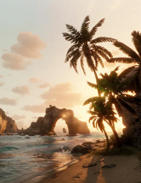 arafed view of a beach with palm trees and a rock arch