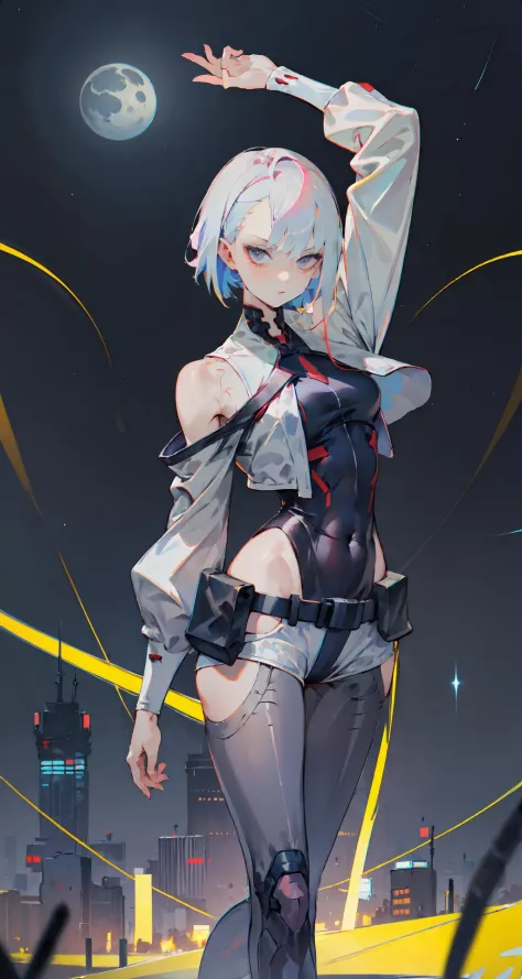 lucy \(cyberpunk\), 1girl, arm up, asymmetrical hair, belt, bodysuit, covered mouth, covered navel, detached sleeves, grey eyes, hip vent, holding, holding weapon, looking at viewer, night, night sky, pouch, short hair, sky, solo, weapon, white hair, wire,...