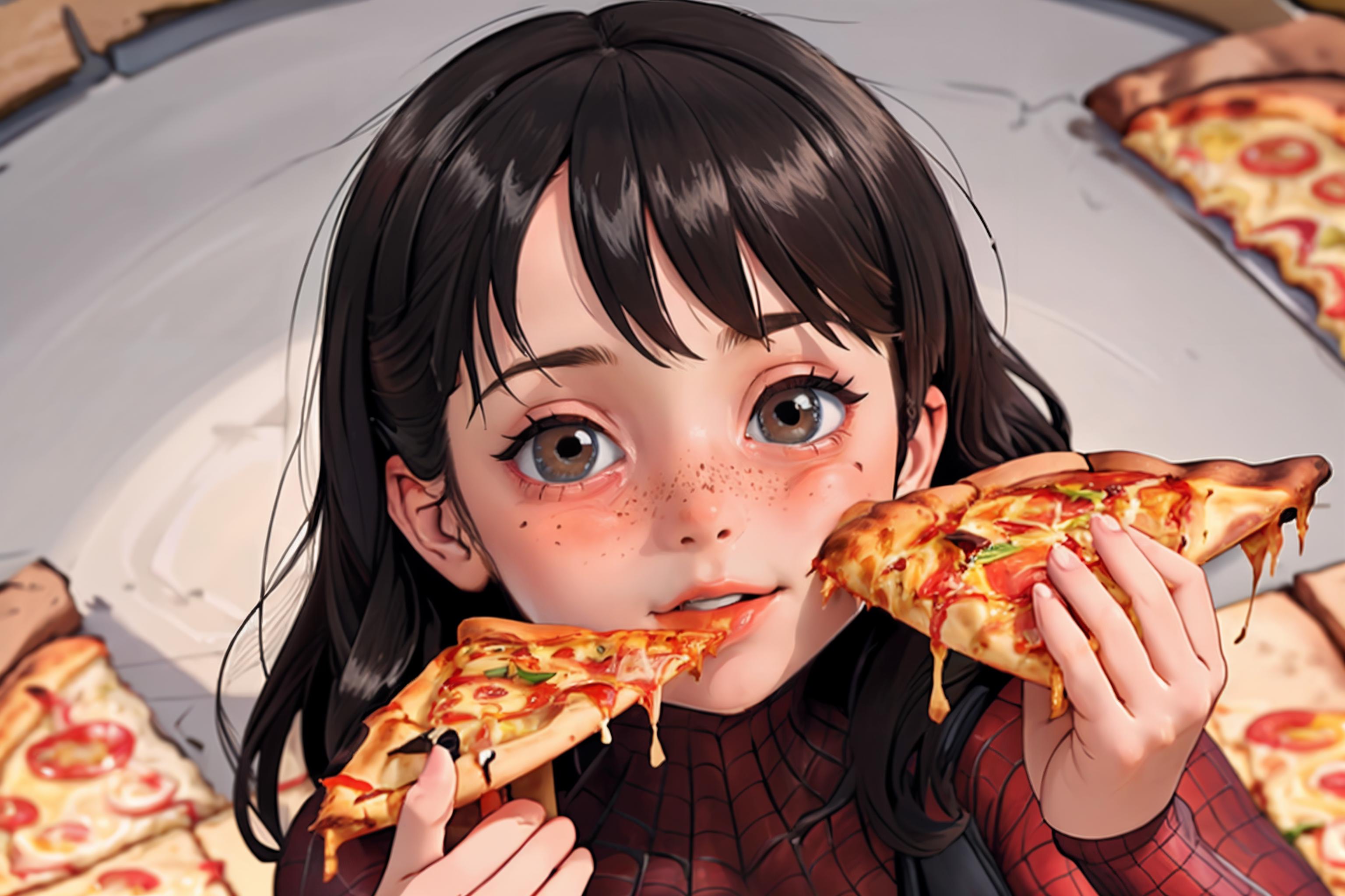 Anime girl eating a slice of pizza with a lot of toppings - SeaArt AI