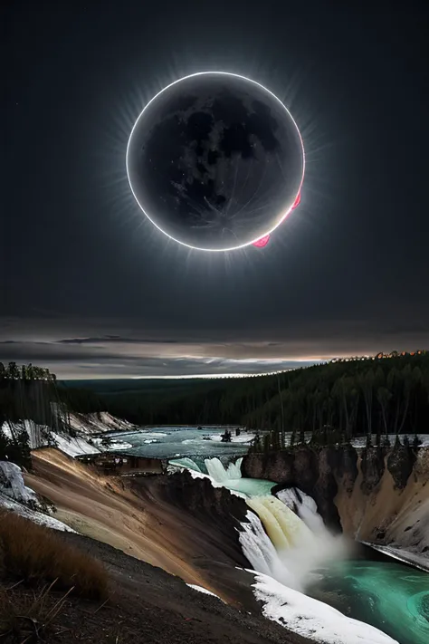 a full moon eclipse over a waterfall and a river