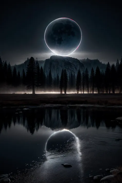 a full moon is seen over a mountain and a lake