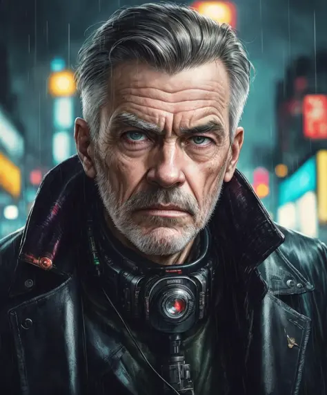 masterpiece, high detail, trending on artstation, realistic, detailed face, overall, a photo of a cyberpunk private detective, old man, dark hair, dirty, drone, Blade Runner city, neo lights, dark, rain, night, RAW, canon r6, wide shot, sharp, blurry backg...