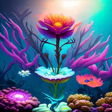 conceptual painting of  underwater   flower,  futuristic, vivid colors