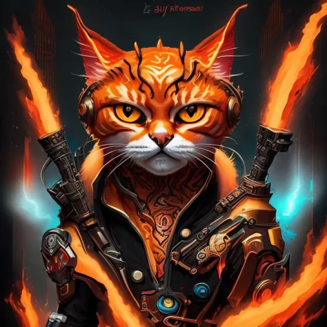 conceptual painting of  fire   cat,  cyberpunk, elemental