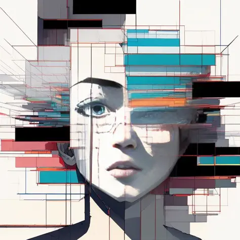 anime face, colored rectangles highlights, an illustration of by Giovanni Battista Venanzi , [:anime line art:0.2], Cold and lunar and Acid themed, epic splash art , hyperrealism, , surrealism