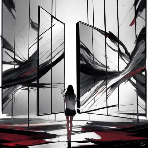 a girl in front of a mirror portal in a forest, an abstract painting by Tadeusz Makowski , [:anime line art:0.2], Wind and Light themed, epic splash art , heidelberg school, , abstract