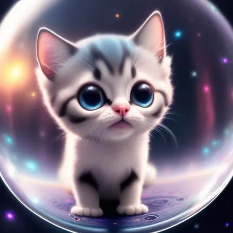 a big eyed cute kitten in a bubble space, catstravaganza