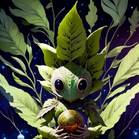 a drawing of a creature made of leaves, glowing eyes, holding an orb, galaxy background, unmythical creatures