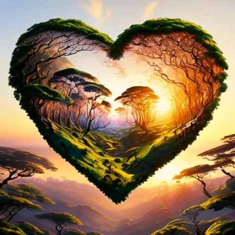 a painting of a sunset forest in the shape of a heart, somewhere