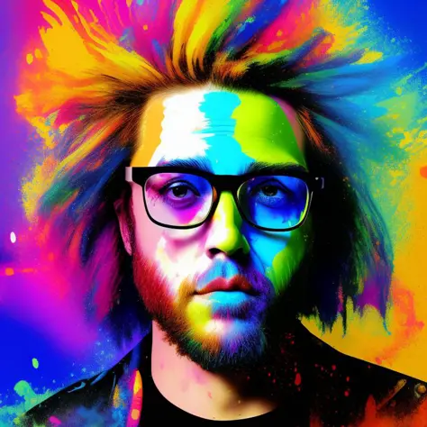 a paint splash art portrait of a man with rainbowshift hairs and glasses, Something