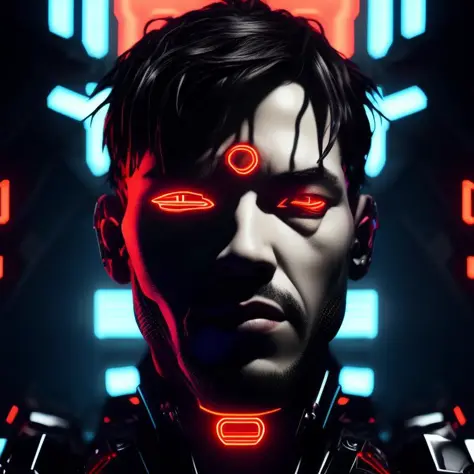 a photorealistic portrait of a cyborg with red glowing eyes, neon lights, Something