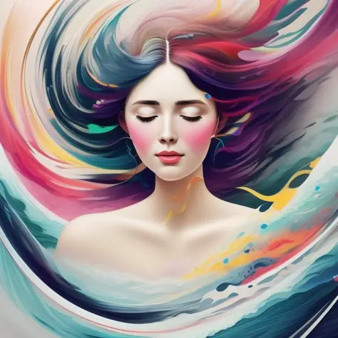 a painting of a woman with earphones, colorful waves, calm, Synesthesia