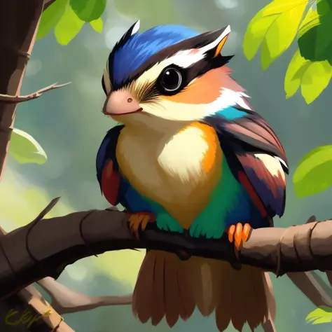 a digital painting of a cute creature, colorful wings, feathere, chipmunk head, on a tree branch, unmythical creatures