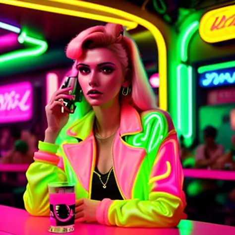 a neon pink and yellow green woman in a bar, neo retro, cyberpunk photo, futuristic clothes