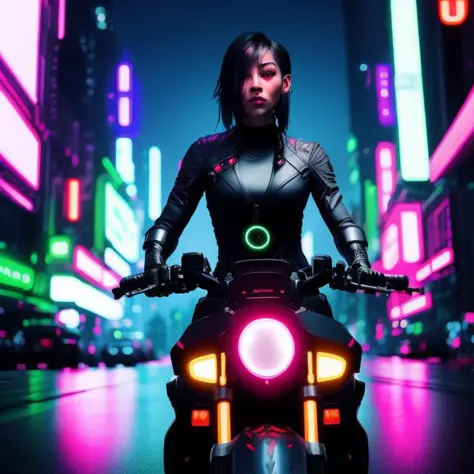 A photo of a woman on a bike, cyberpunk city, futuristic clothes, neon lights, Futuristic Clothes