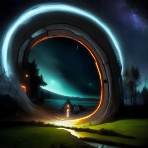 a drawing of a portal to a village, night sky, glowing colors, somewhere