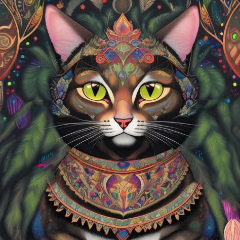 intricate fur with colorful details, cat with a small crown, lush background, digital rendering, catstravaganza