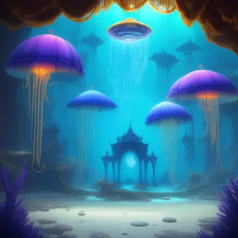 a digital drawing of a jellyfish underwater, palace background, Underwater