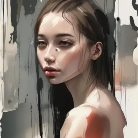 a painting of a girl, rough paint, reflection, low detail, something