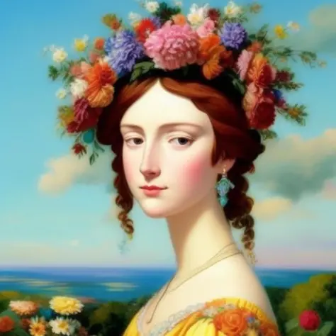 a colorful painting of a woman with a crown of flowers, blue sky, calm, Someone