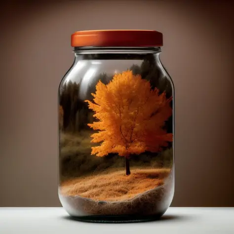 a realistic photo of Autumn in a bottle