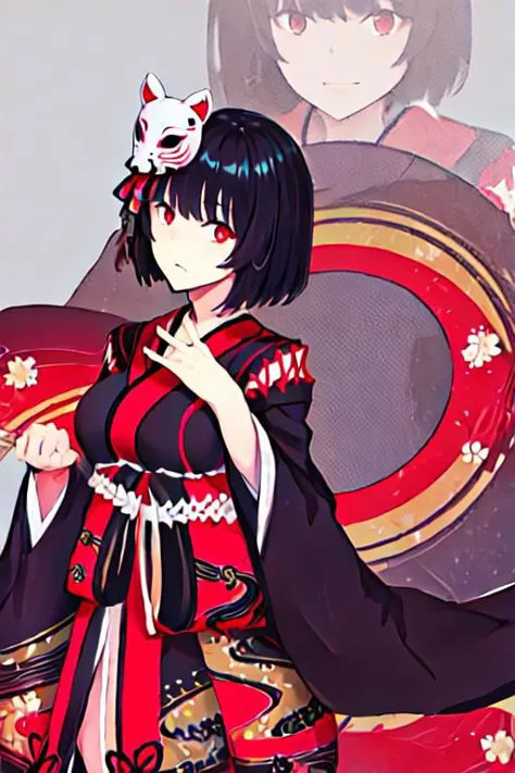 anime girl in a kimono outfit holding a fan and a cat