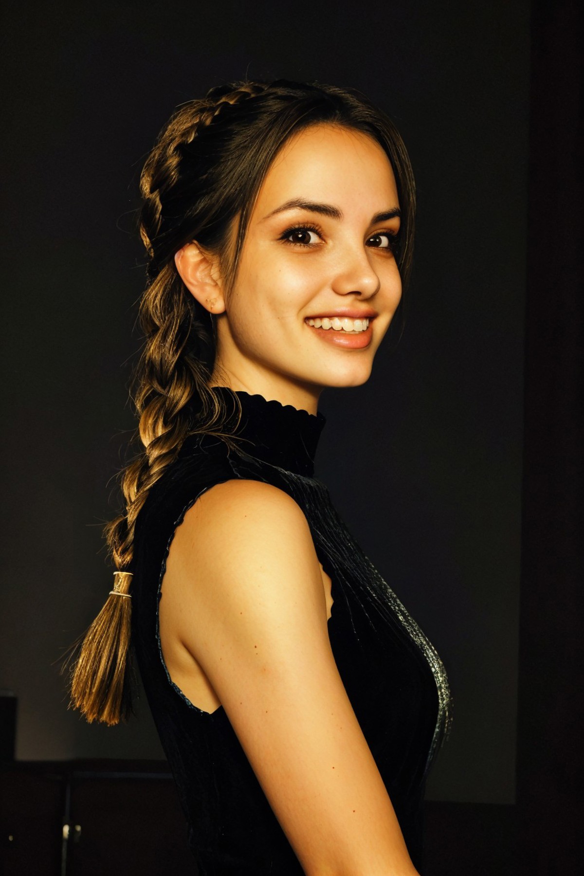 A close up of a woman with a ponytail in a black dress - SeaArt AI