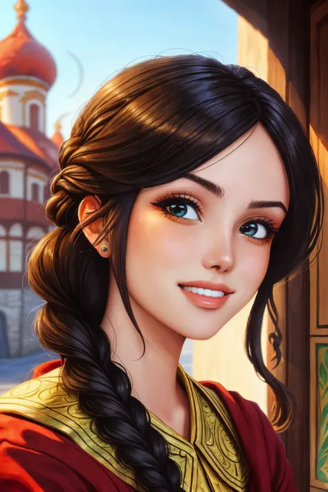 (style of Ivan Bilibin:1.15), <lyco:sd15_GiusyMeloni_loha_64_v1-000009:1> GiusyMeloni, focus on eyes, close up on face, smiling, hair styled as messy fishtail braid,