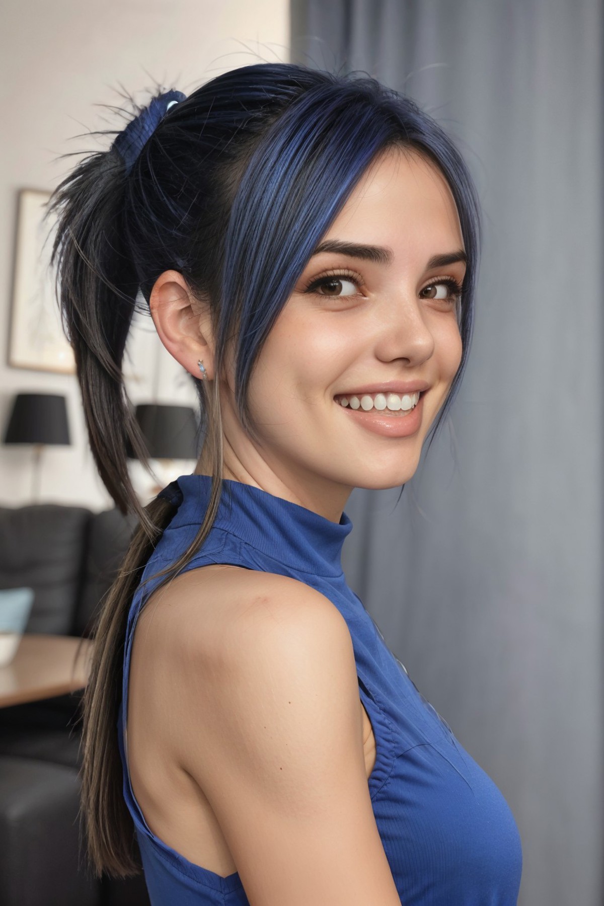 21 year old smiling woman blue hair Emilia Clarke face, elegant black  clothes - SeaArt AI