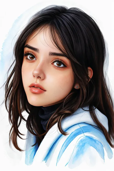 a drawing of a girl with long hair and a blue hoodie