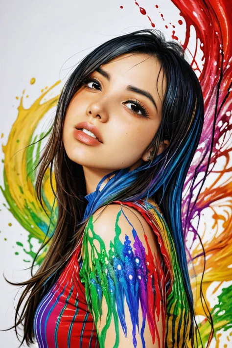 a woman with colorful hair and a rainbow paint on her body