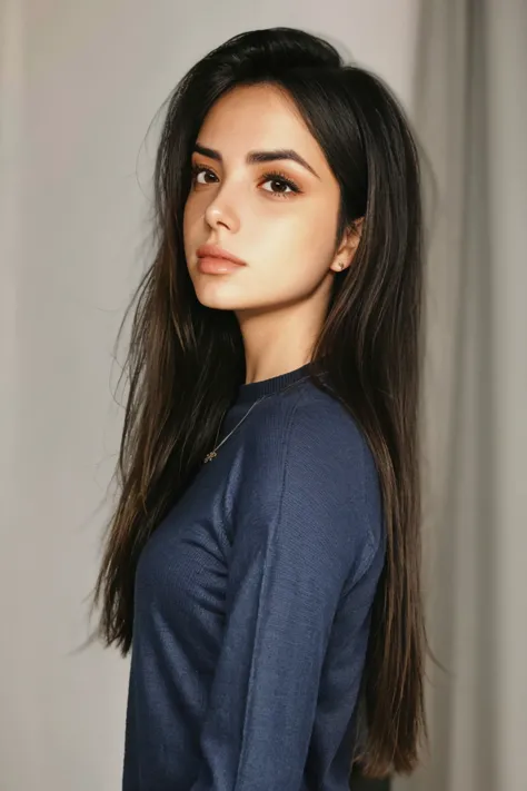 a woman with long hair and a blue top posing for a picture