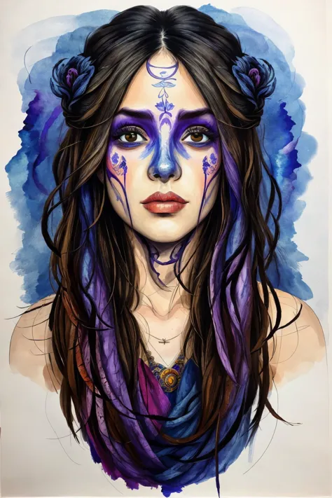 a painting of a woman with blue and purple makeup