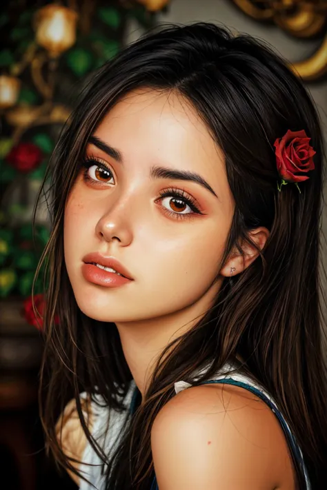 a close up of a young woman with long hair and a flower in her hair