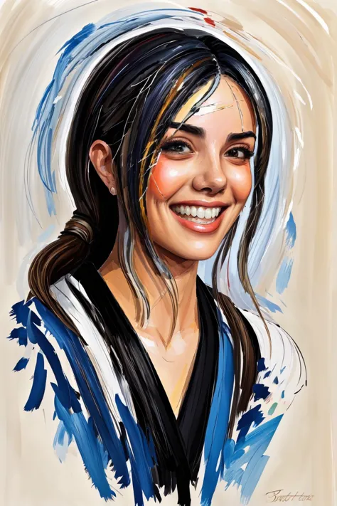 a painting of a woman with a blue and white shirt smiling