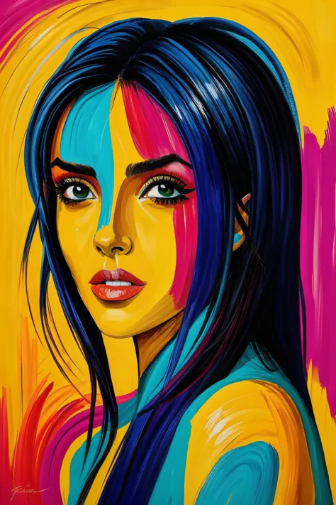 a painting of a woman with blue hair and bright colors