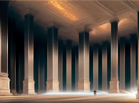 arafed view of a man walking through a large room with columns