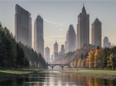 trees are in the foreground and a bridge over a river